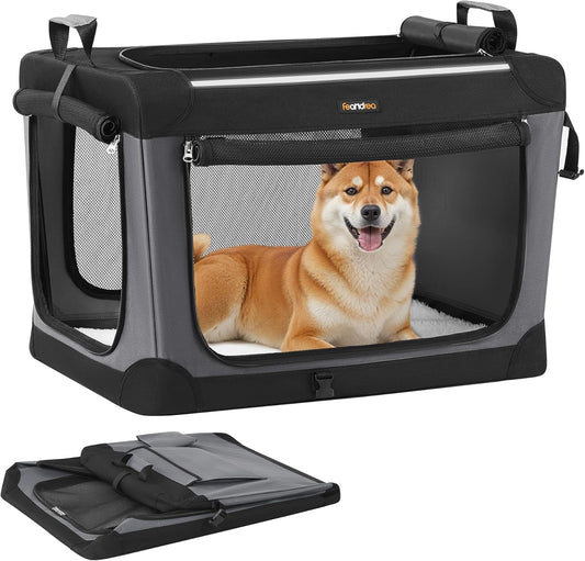 Feandrea Collapsible Dog Crate, 30-Inch Portable Dog Travel Crate for Medium Dogs, Oxford Fabric Pet Carrier with 4 Mesh Doors, Handles, Storage Pocket, Water Bottle Holder, Ink Black UPDC017B01