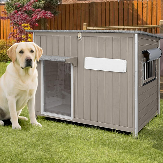 Large Dog House Outdoor XL Wooden Dog House with Weatherproof Asphalt Roof, Chew-Resistant Frame, Removable Floor, for Medium to Large Dogs Indoor Outdoor Use (Grey, 43.3"L x 29.5"W x 33.5"H)