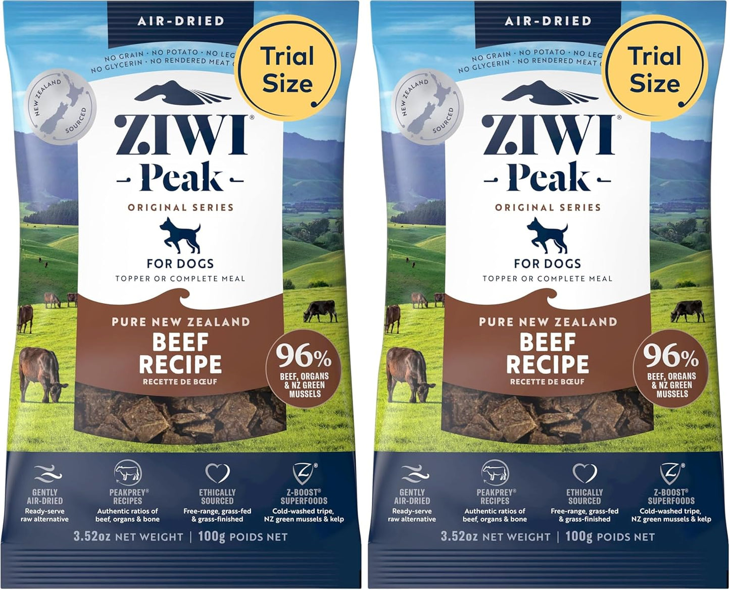 ZIWI Peak Air-Dried Dog Food – Beef - All Natural, High Protein, Grain Free, Limited Ingredient w/Superfoods (3.5oz) (Pack of 2)