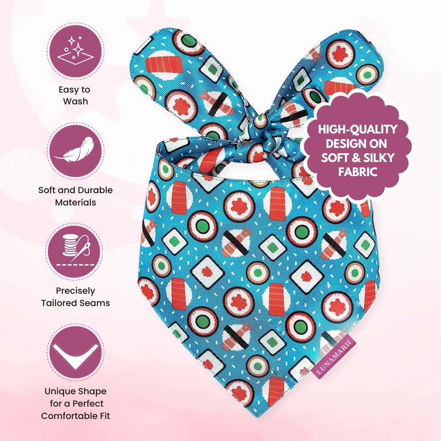 LunaMarie - Luxury Pet Birthday Bandanas -Premium & Silky Poly Fabric | 100% Handmade | Custom Shape Dual Layered (Sushi, Large)