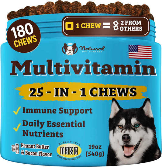 Natural Dog Company 25-in-1 Multivitamin Chews for Dogs – 180 Count Value Pack – Daily Soft Dog Vitamins with Antioxidants, Zinc & Folic Acid – Supports Joints, Skin & Coat, Immune & Heart Health