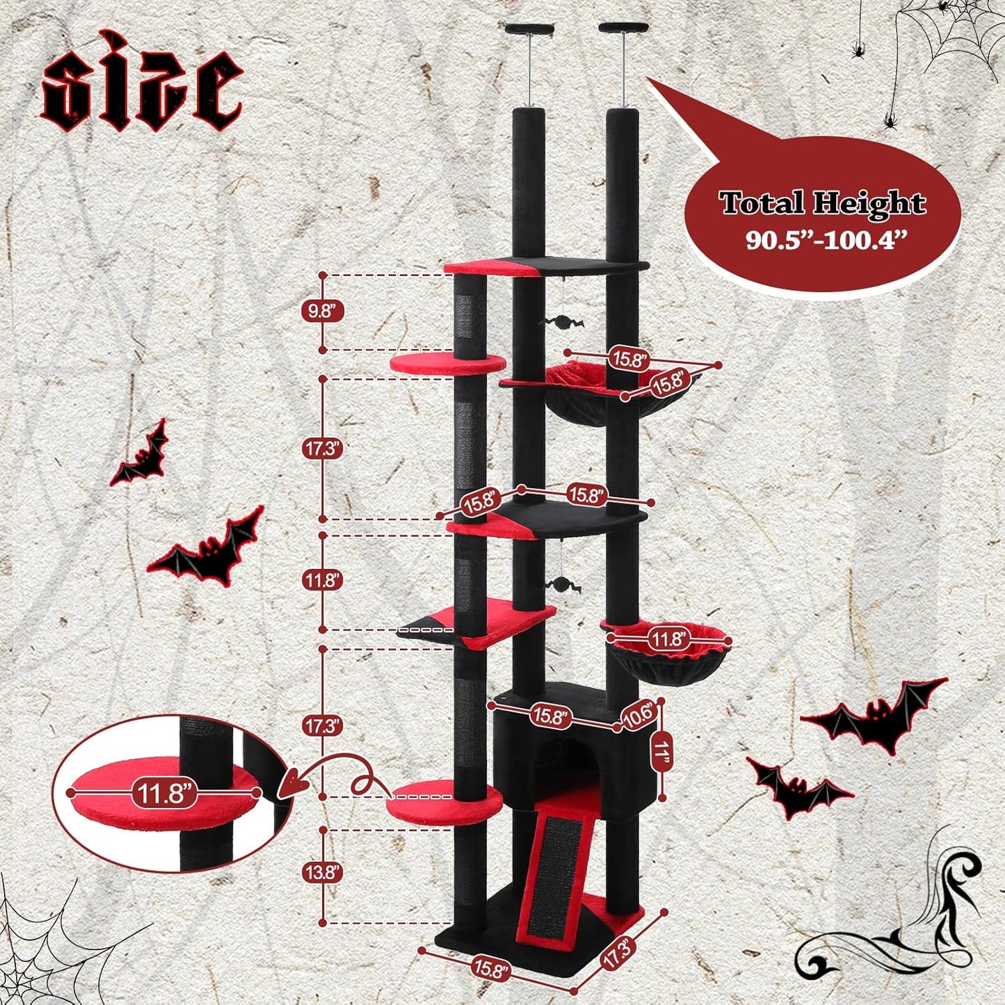 PEQULTI Tall Cat Tree, Floor to Ceiling Cat Tree Tower Adjustable [90.5''-100.4''=230-252CM] with Cat Condo, Hammock and Scratching Post, Gothic Cat Climbing Tree for Indoor Large Cats, Black