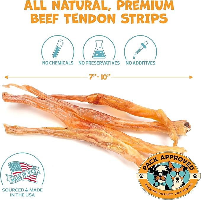 Beef Tendons for Large Dogs & Medium Breeds - Digestible Chews & Dog Treats for Large Dogs - Single Ingredient Dog Chew Sticks - 7-10" (12ct)