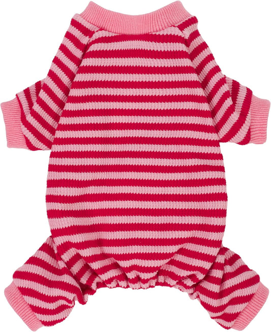 Fitwarm Pink and Red Striped Dog Pajamas, Waffle Dog Clothes for Small Dogs Girl Boy, Puppy Onesie with Feet, Pet Cat Outfit, Medium
