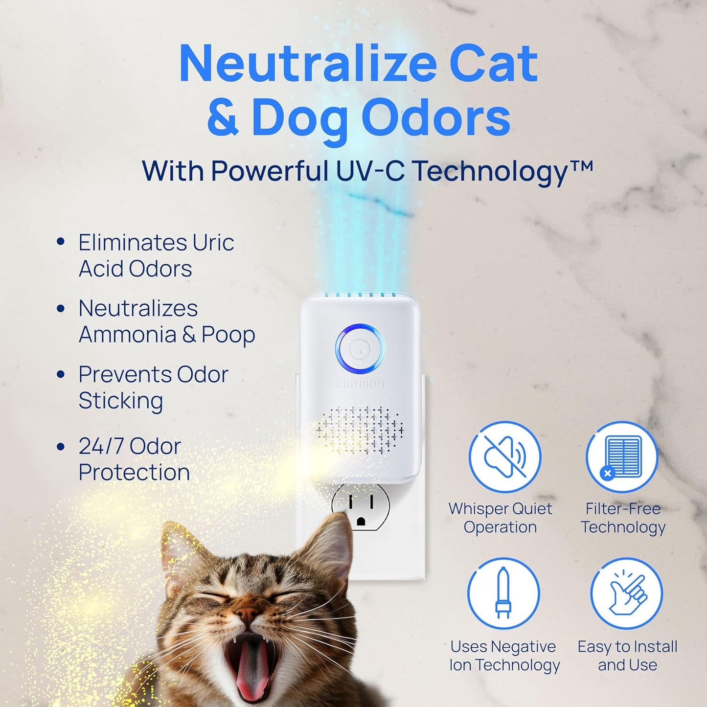 Clarifion ODRx - UV-C Cat Odor Deodorizer & Eliminator, Removes Cat Pee Smell, Filterless, Quiet, Compact Air Freshener for Bedrooms, Living Rooms, Litter Box Areas, Eliminates Ammonia Odors