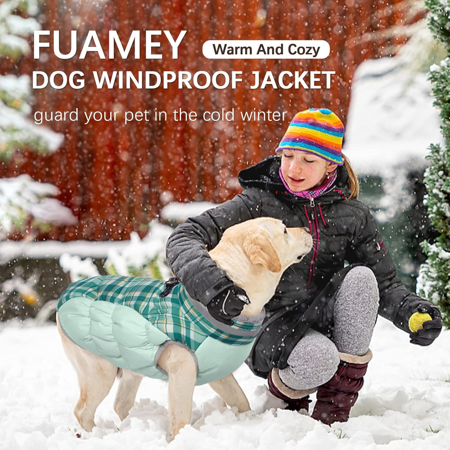 FUAMEY Dog Coat for Large Dogs,Waterproof Dog Winter Jacket with Harness Built in Puppy Cold Weather Coats Reflective Pet Vest with Zipper Warm Fleece Dogs Snowsuit Windproof Green Plaid XL