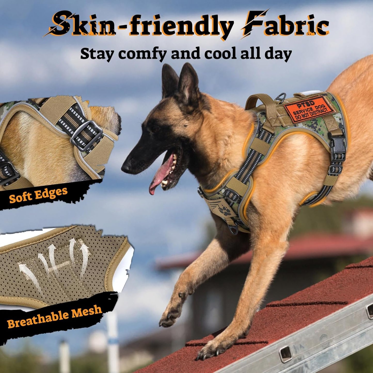 rabbitgoo Dog Harness for Large Dogs No Pull, Tactical Service Pet Vest with Molle and Control Handle, Adjustable and Reflective Military Harness for Easy Walking and Training, Brown camo, XL