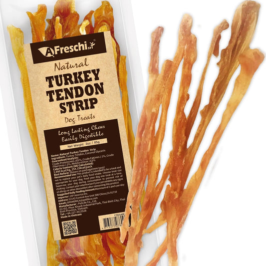 AFreschi Turkey Tendons for Dogs, USA-Sourced, Healthy Dog Treats, Rawhide-Free Puppy Chews, Long Lasting, All Natural, Hypoallergenic Dog Treats for Small Breeds, 3 oz Pack Strips