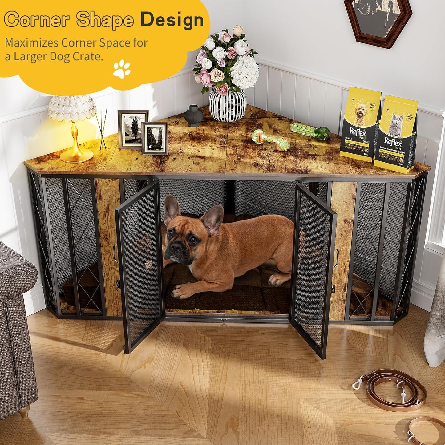 XL Corner Dog Crate Furniture, Decorative Dog Crates Dog Cage TV Stand with Diamond Metal Decoration, Wooden Dog Crate with Double Lock Design, Dog Crates Table, Retro Brown
