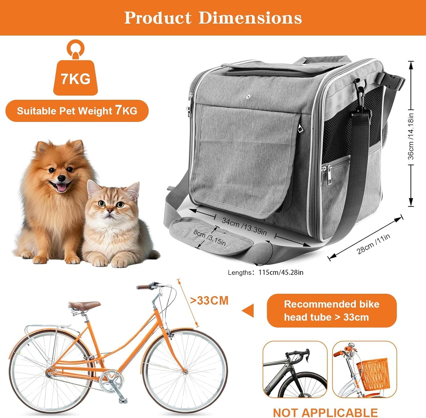 Xixter Dog Basket for Bike, Suitable for Small & Medium Pet Up to 7 kg, Foldable 4-in-1 Pet Bike Basket, Crossbody, Shoulder and Car Seat, with Sturdy Bracket and 4 Mesh Windows, Gray
