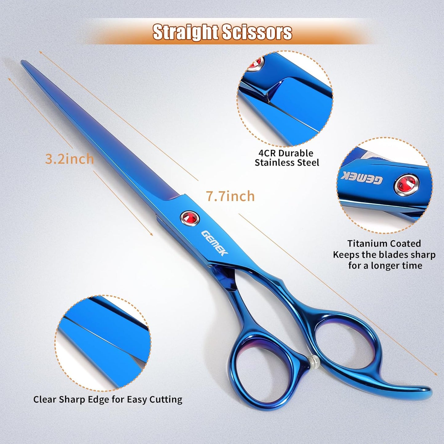 7.0in Titanium Professional Pet Grooming Scissors Set, GEMEK 6 in 1 Straight & Thinning & Upwards Curved & Downwards Curved Scissors & Comb for Dogs, Cats (Blue)
