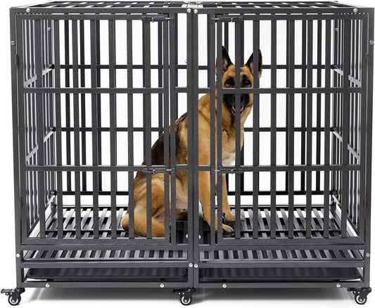 54 inch Heavy Duty Indestructible and Escape-Proof Dog Crate Cage Kennel for 1 XL or 2 Medium Dogs, Divider Panel, Removable Tray & Wheels, for High-Anxiety Dogs, Extra Large XL (Black)