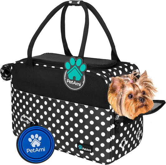 PetAmi Dog Purse Carrier for Small Dogs, Airline Approved Soft Sided Pet Carrier with Pockets, Ventilated Dog Carrying Bag for Puppy Cat, Dog Travel Supplies Bag, Sherpa Bed, Max 12 lbs, Polka Dot