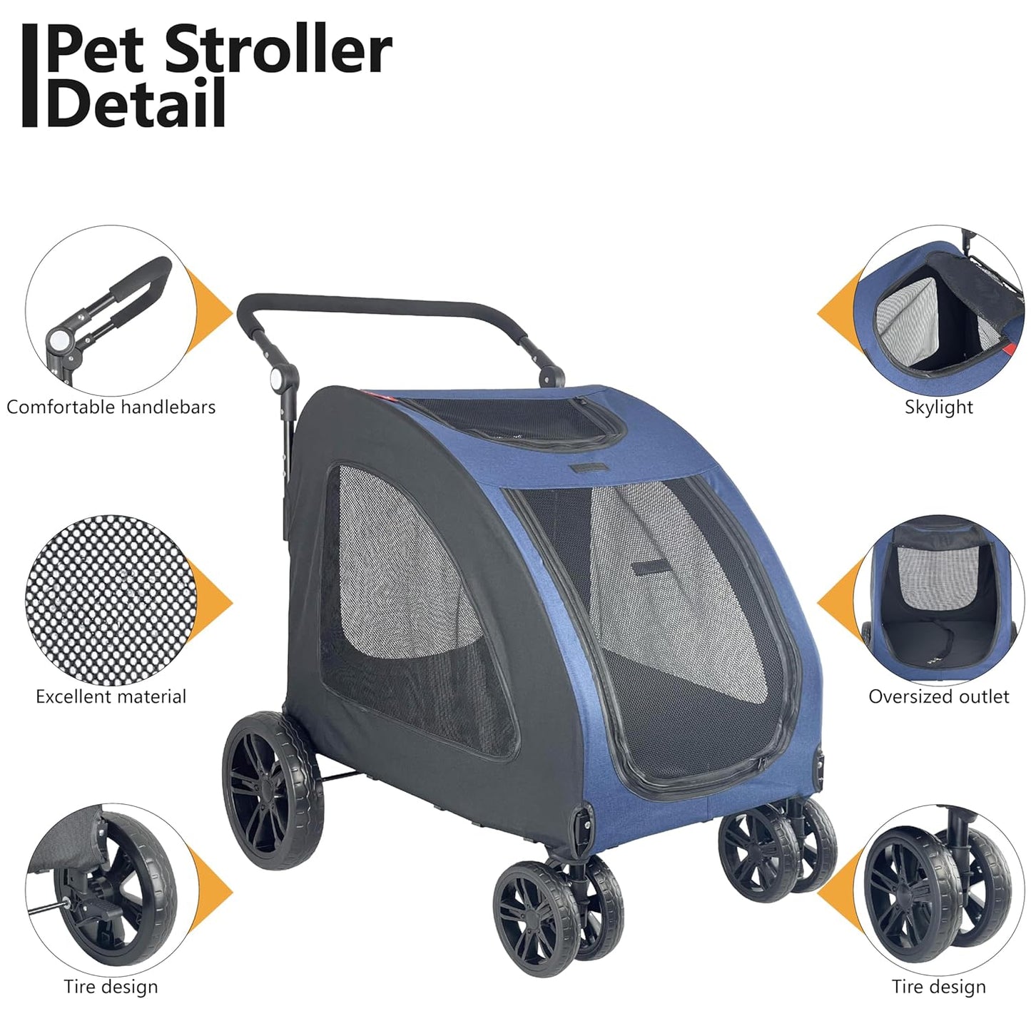Extra Large Dog Stroller for Medium & Large Pets - Foldable Design, Adjustable Handle, Up to 130 lbs(Blue)