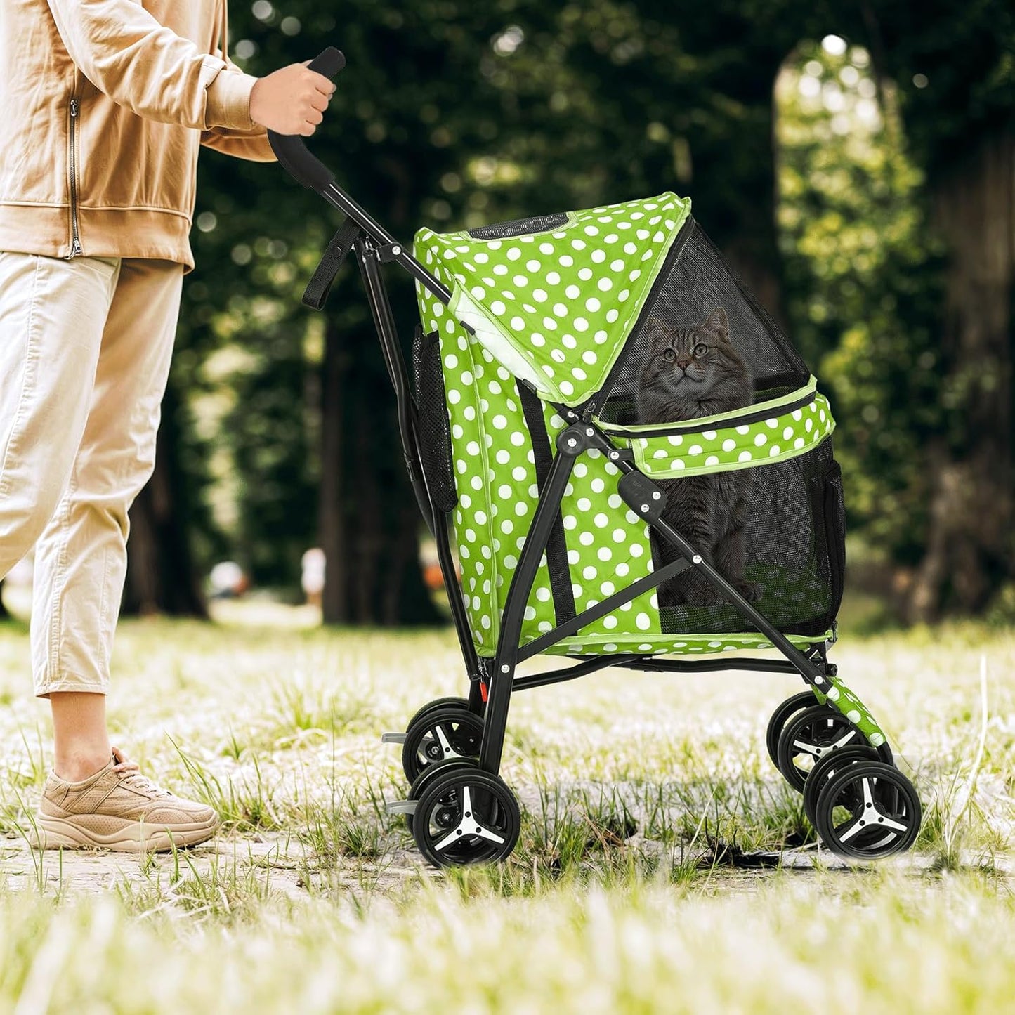 Magshion Compact Pet Stroller for Small-Medium Dogs/Cats up to 22lbs, 4-Wheel Lightweight Umbrella Shaped Portable Puppy Travel Jogger with Breathable Mesh & Rear Storage, Lawn Green Polka Dots