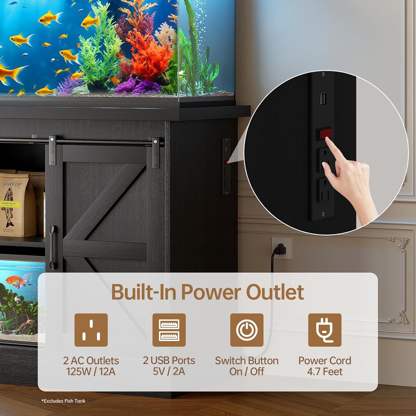 55-75 Gallon Fish Tank Stand with Sliding Barn Doors & Power Outlet, Heavy Duty Aquarium Stand with Cabinet Storage for Fish Tank, Turtle Tank, Reptile Terrarium, 1000LBS Capacity, Black