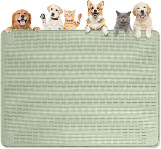 Dog Food Mat, Extra Large 50" x 35" Silicone Pet Feeding Mat with Raised Edge Pet Placemat for Small, Medium, and Large Pets Non-Slip, Easy to Clean (Green)