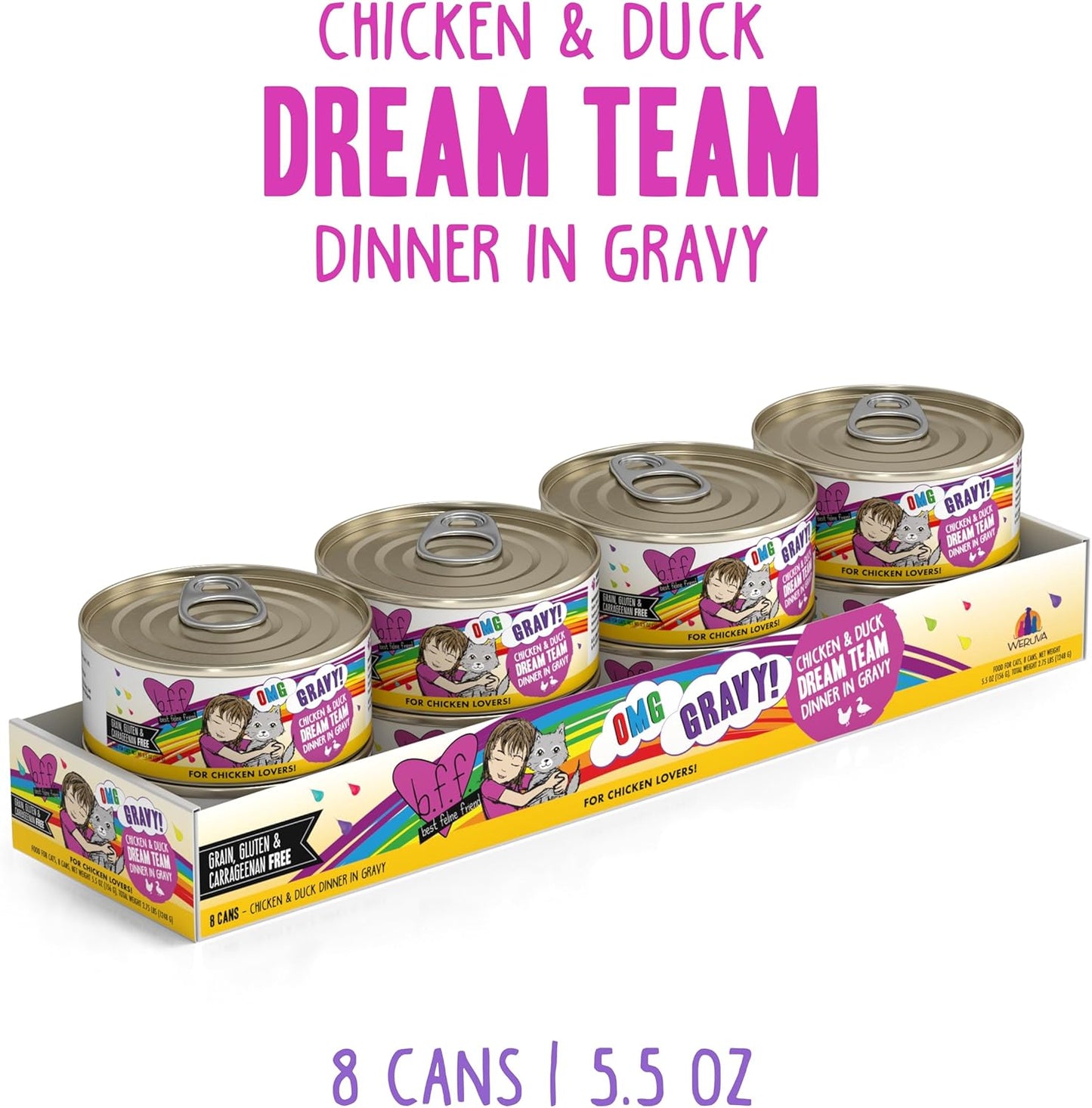 Weruva B.F.F. OMG - Best Feline Friend Oh My Gravy!, Chicken & Duck Dream Team with Chicken & Duck in Gravy, 5.5oz Can (Pack of 8)
