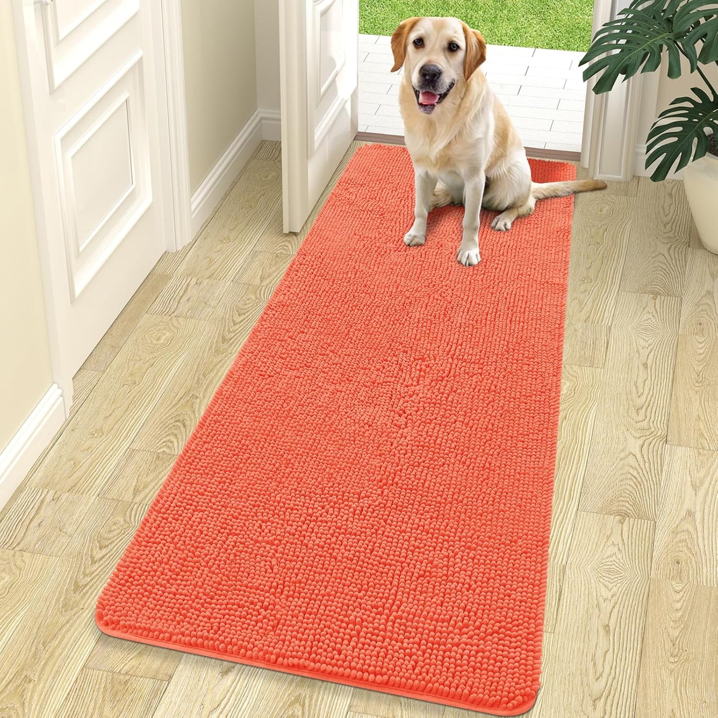 OLANLY Dog Door Mat for Muddy Paws 70x24, Absorbs Moisture and Dirt, Absorbent Non-Slip Washable Doormat, Quick Dry Chenille Mud Mat for Dogs, Entry Indoor Entryway Carpet for Inside Floor, Coral