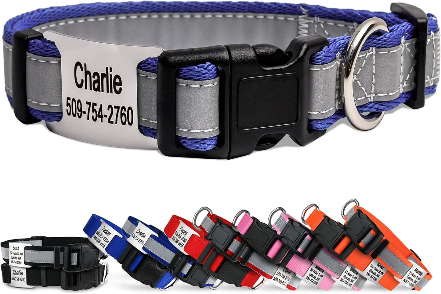 GoTags Reflective Personalized Dog Collar with Nameplate, Adjustable Dog Collar with Custom Engraved Steel Slide On Pet ID Tag, Silent, No Noise Dog Tag for Large Medium or Small (Lavender, Small)