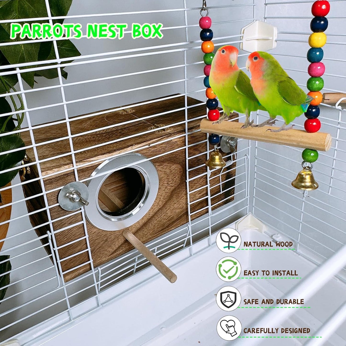 kathson Parrots Nesting Box Parakeet Nest House for Cage Budgie Breeding Hut with Coconut Fiber Bedding Wooden Bird Mating Box for Lovebirds and Small Parrot Birds