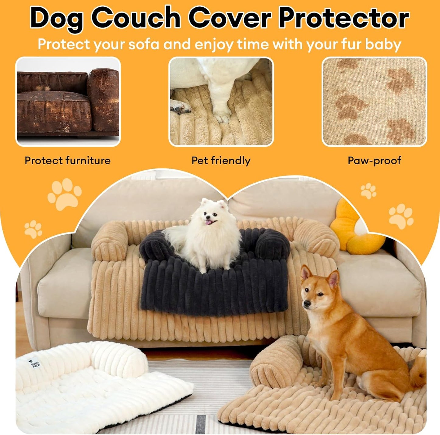 FUNNY FUZZY Pet Couch Cover for Sofa, Calming Dog Bed for Couch, Fluffy Plush Dog Couch Mat for Furniture Protector for Large Medium Small Dogs and Cats, Dark Grey