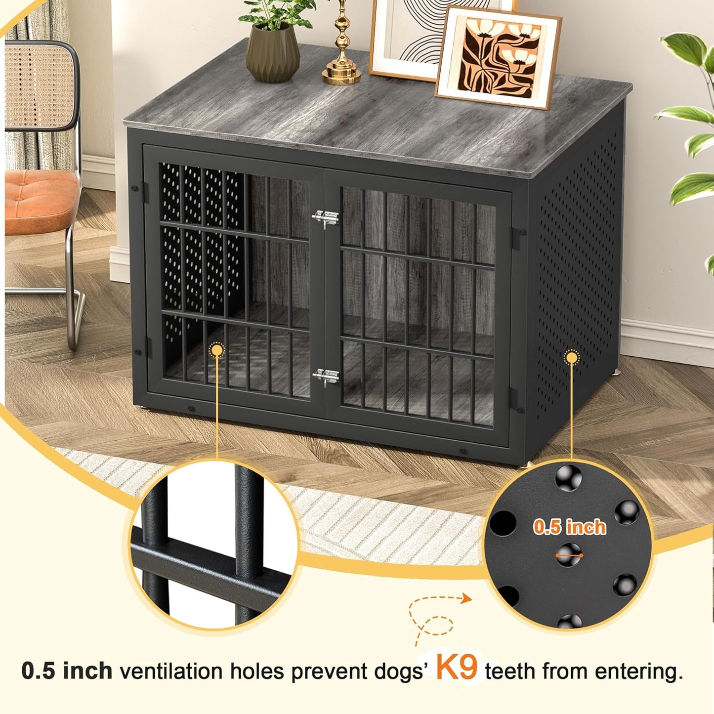 42" Heavy Duty Dog Crate Furniture for Large and Medium Dogs, Enclosed Design Wooden Metal Kennel, Wooden Cage Furniture Indoor, Decorative Dog Kennel End Table