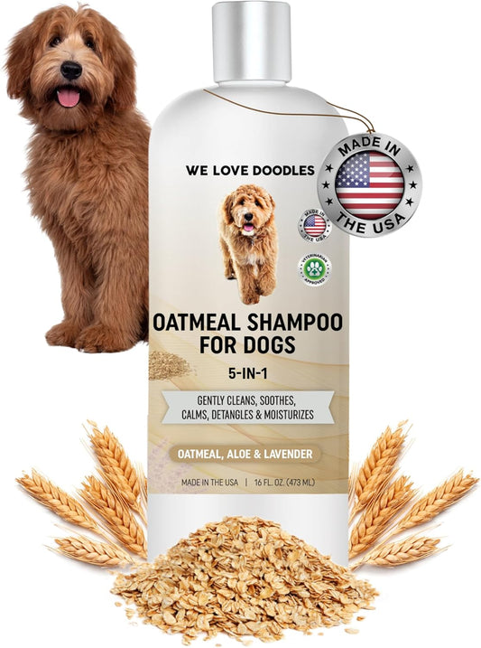 5-in-1 Premium Oatmeal Shampoo for Dogs, Gentle for Itchy & Sensitive Skin, Provides Itch Relief, Hypoallergenic & Soothing for Dry Skin, Moisturizing Anti-Itch, Made in USA, 16 oz [We Love Doodles]