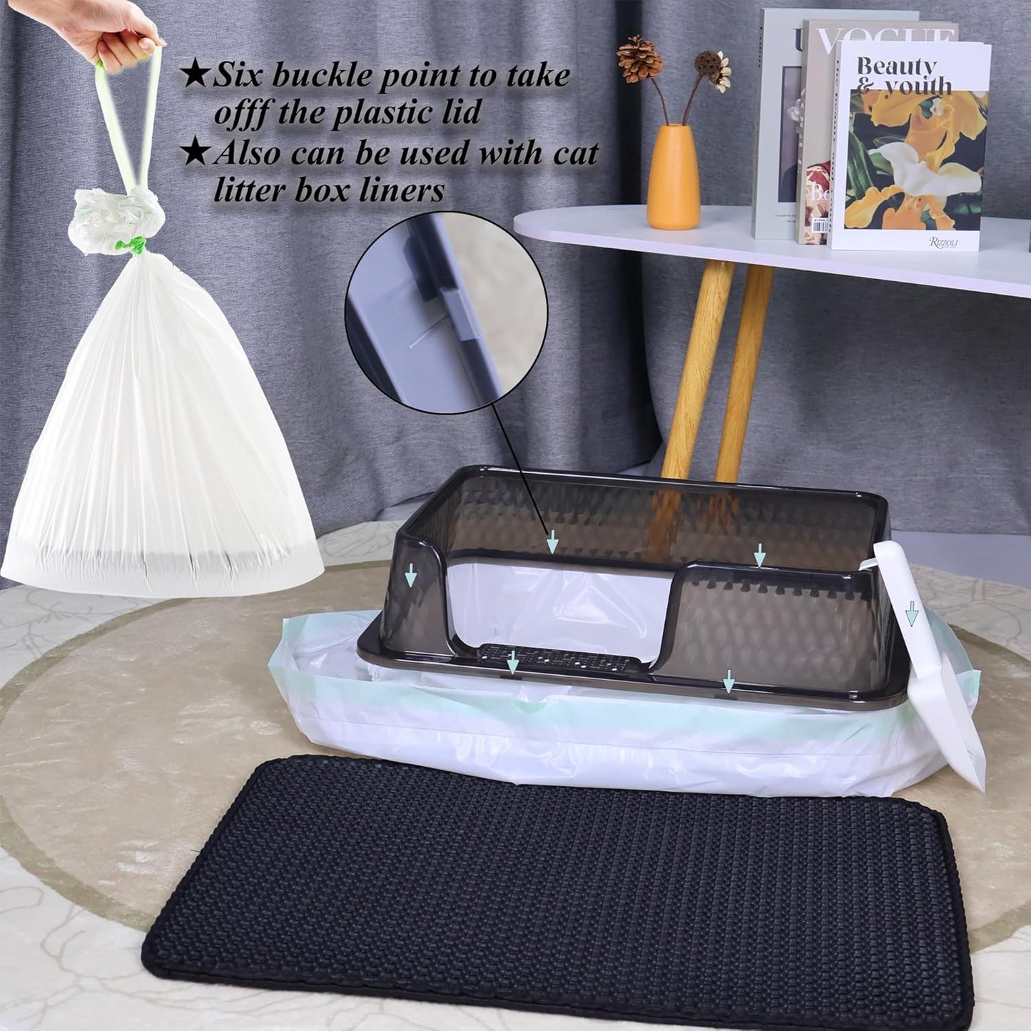 Suhaco Stainless Steel Litter Box Side Entry, Kitty Black Litter Mat and White Scoop Included Covered Metal High Sided Large Cat Litter Box with Lid Removable Enclosure for Medium Cats (Grey)