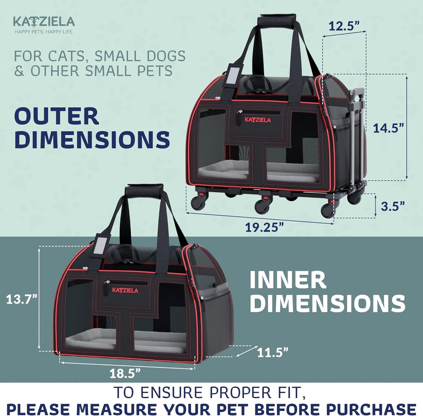 Airline Compliant Pet Carrier - Rolling Portable Travel Carry Crate for Small Dog Puppy or Cat - Soft Removable Wheeled Design with Mesh Window Sides - Airplane and TSA Compliant- by Katziela