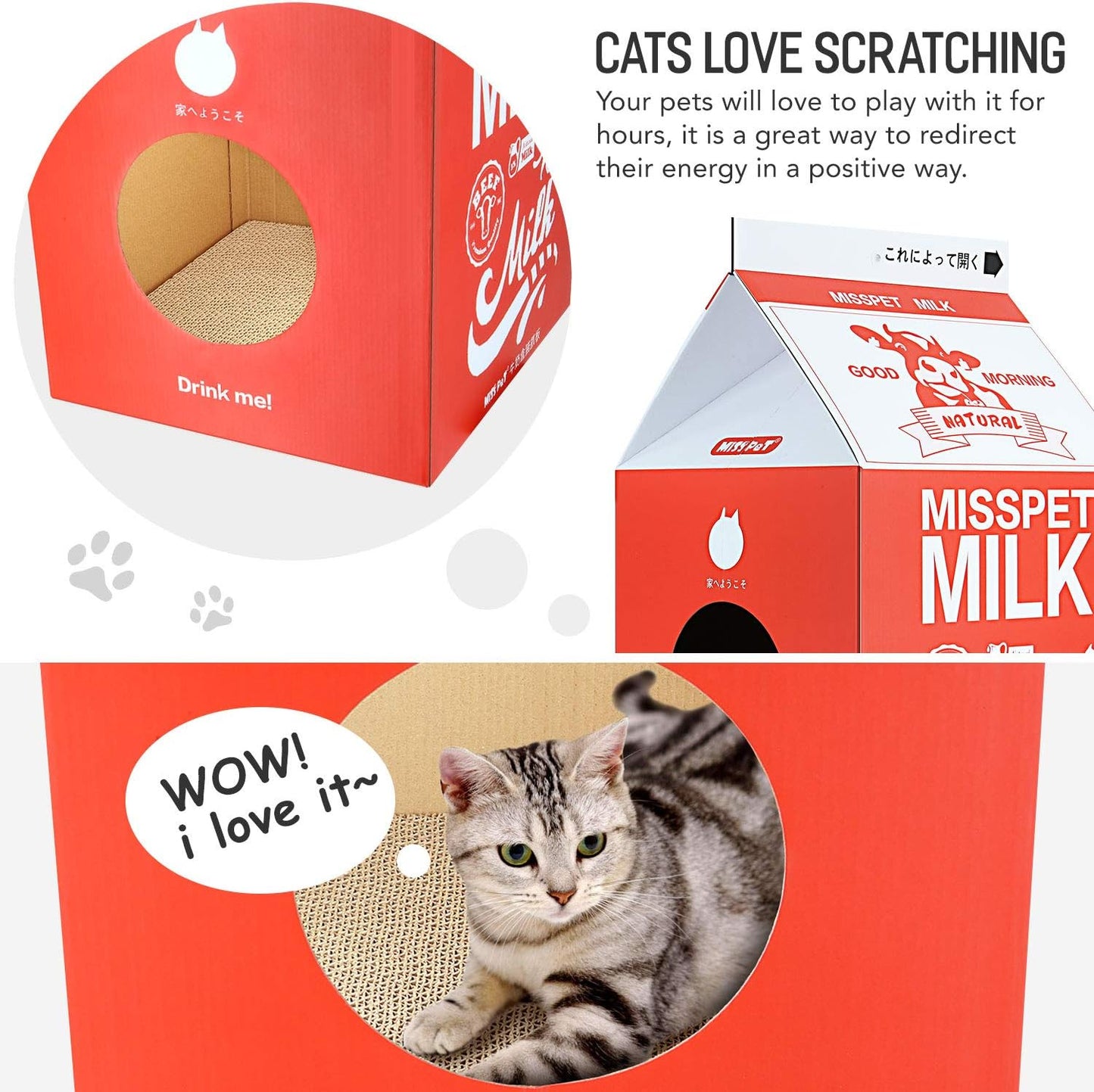 Cat Scratcher Cardboard, Scratching Pad House Bed Furniture Protector, Infinity Shape, Curved (Red, Milk Box)