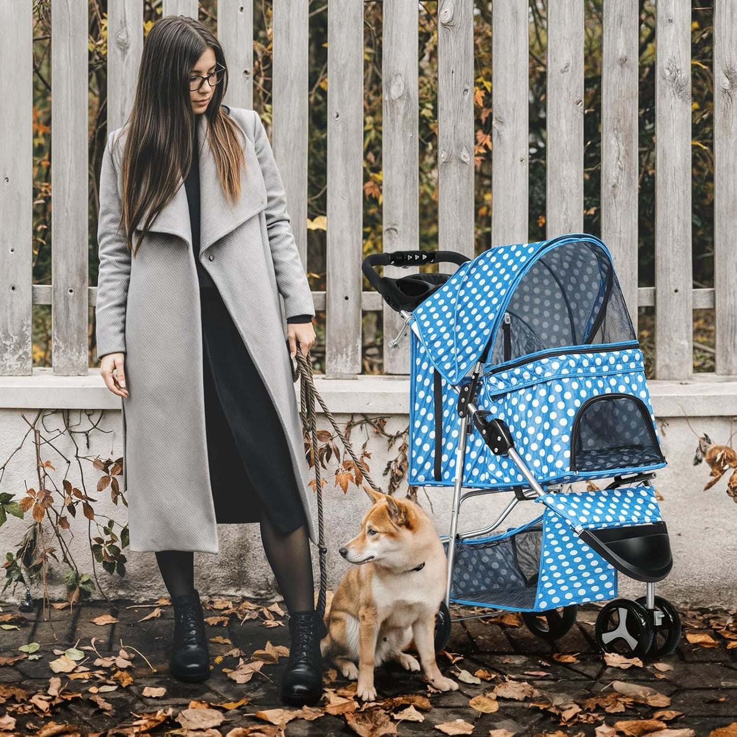 MoNiBloom 3 Wheels Pet Dog Cat Stroller for Small Medium Dogs Cats, Foldable Jogger Stroller w/Storage Basket and Cup Holder, Sky Blue Polka Dots