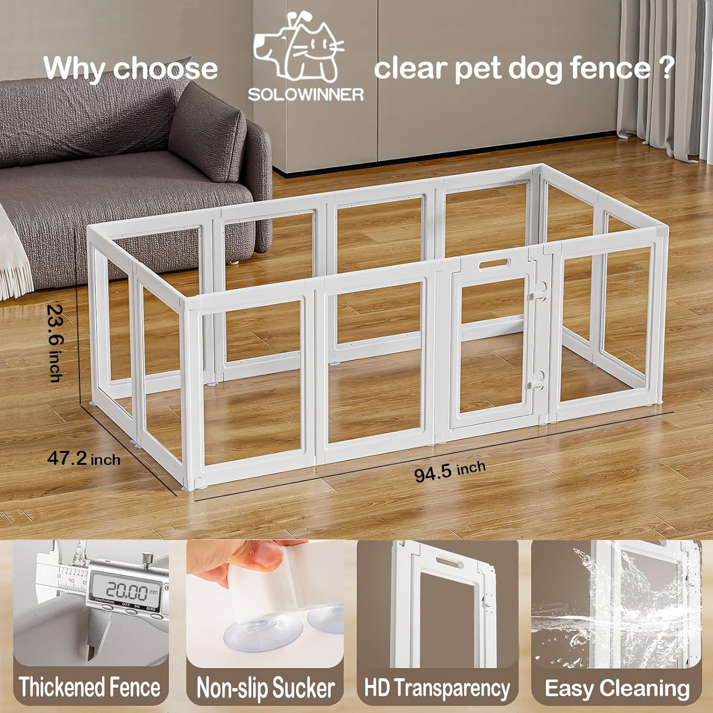 Clear Acrylic Dog Playpen Transparent Dog Playpen Indoor, Easy Assemble Clear Pet Pen for Puppy Bunny Cat Pig, Sturdy & Easy Cleaning Plastic Dog Puppy Fence (23.6" H, 12PCS)