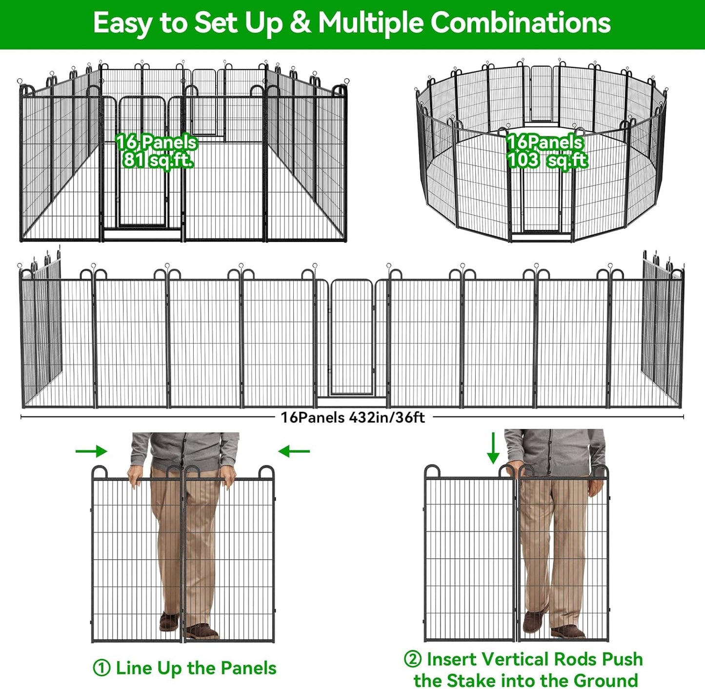 Dog Playpen Outdoor 16 Panels Heavy Duty Dog Fence 47" Height Anti-Rust with Doors Portable for RV Camping Yard, Total 36FT, 103 Sq.ft, Snowy Black