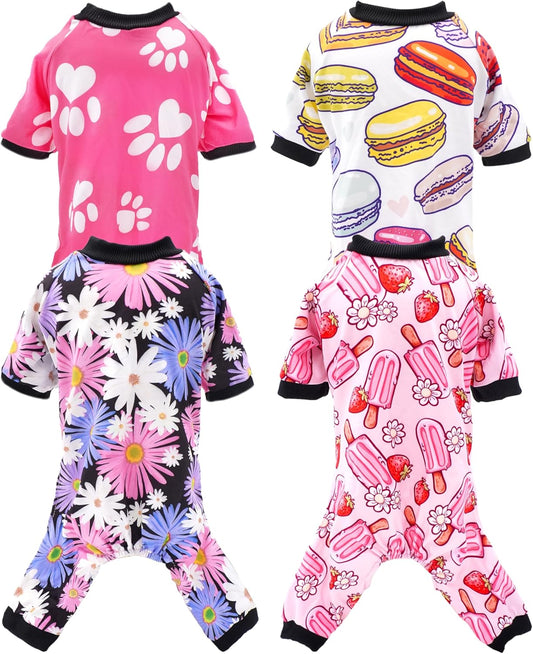 PET SHOW 4 Pack Small Dog Pajamas for Medium Dogs Girl Soft Stretchy PJs Paw Floral Jumpsuit Puppy Doughnut Ice Cream Onesies Outfits with Sleeve Pets Breathable Summer Clothes Costume L