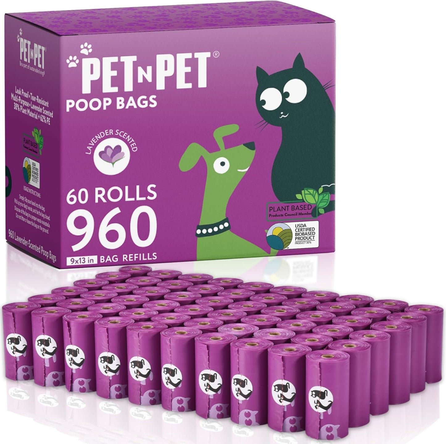 Pet N Pet Poop Bags for Dogs, 960 Counts Lavender Scented Dog Poop Bags Rolls, USDA Certified 38% Plant Based & 62% PE Dogs Waste Bag, Doggie Poo Bag