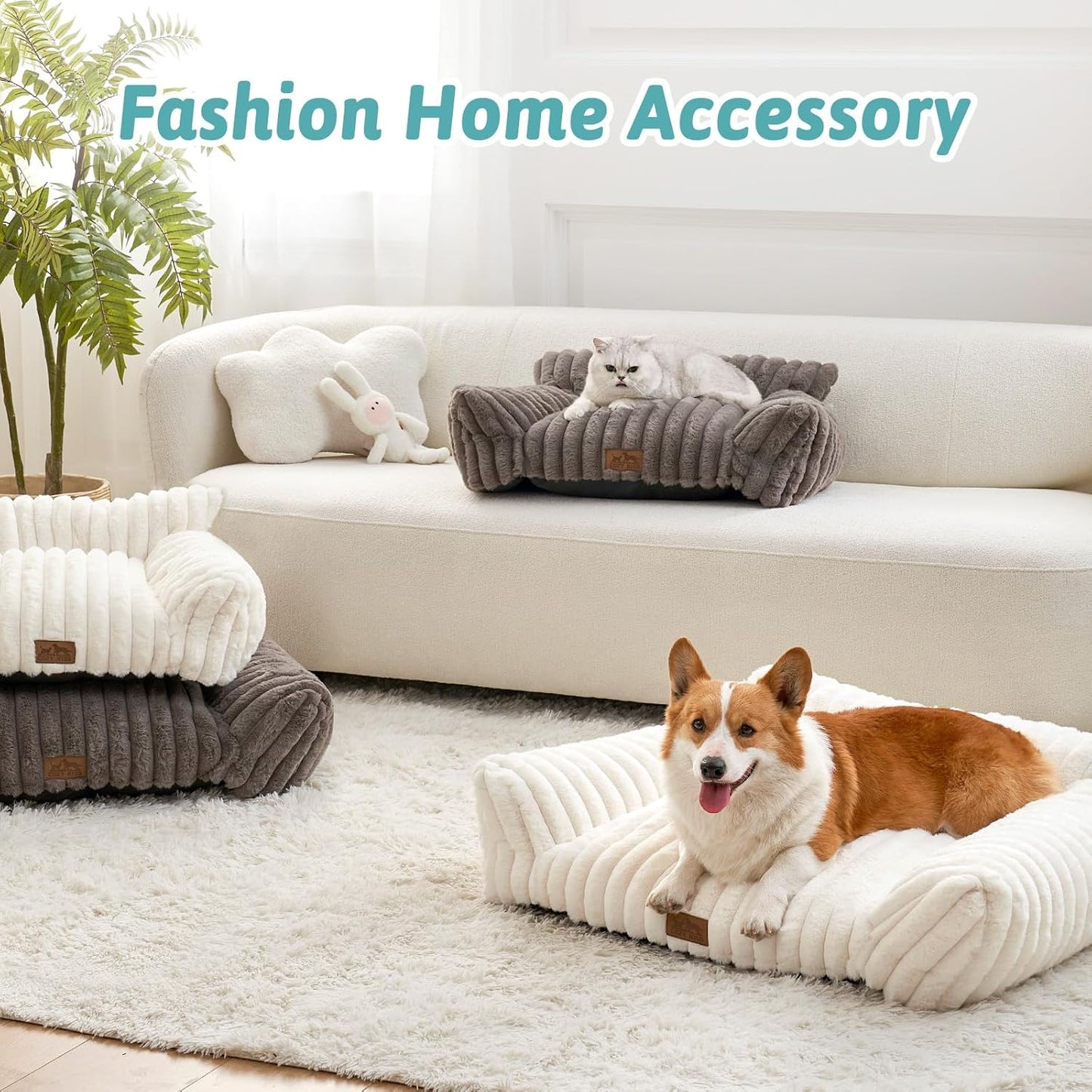 Cute Cat Couch, Premium Plush Faux Fur Pet Couch Bed, Ultra-Soft Pet Furniture for Cats & Small Dogs (Grey, S: 25.5''x17.5'')