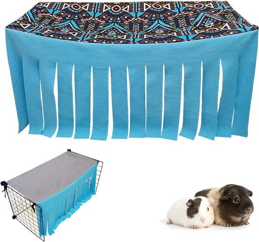 RIOUSSI Guinea Pig Hideout Hideaway Corner Fleece Toys Cage Accessories with Reversible Sides, Geo/Gray+Blue, 27"x14"x14"