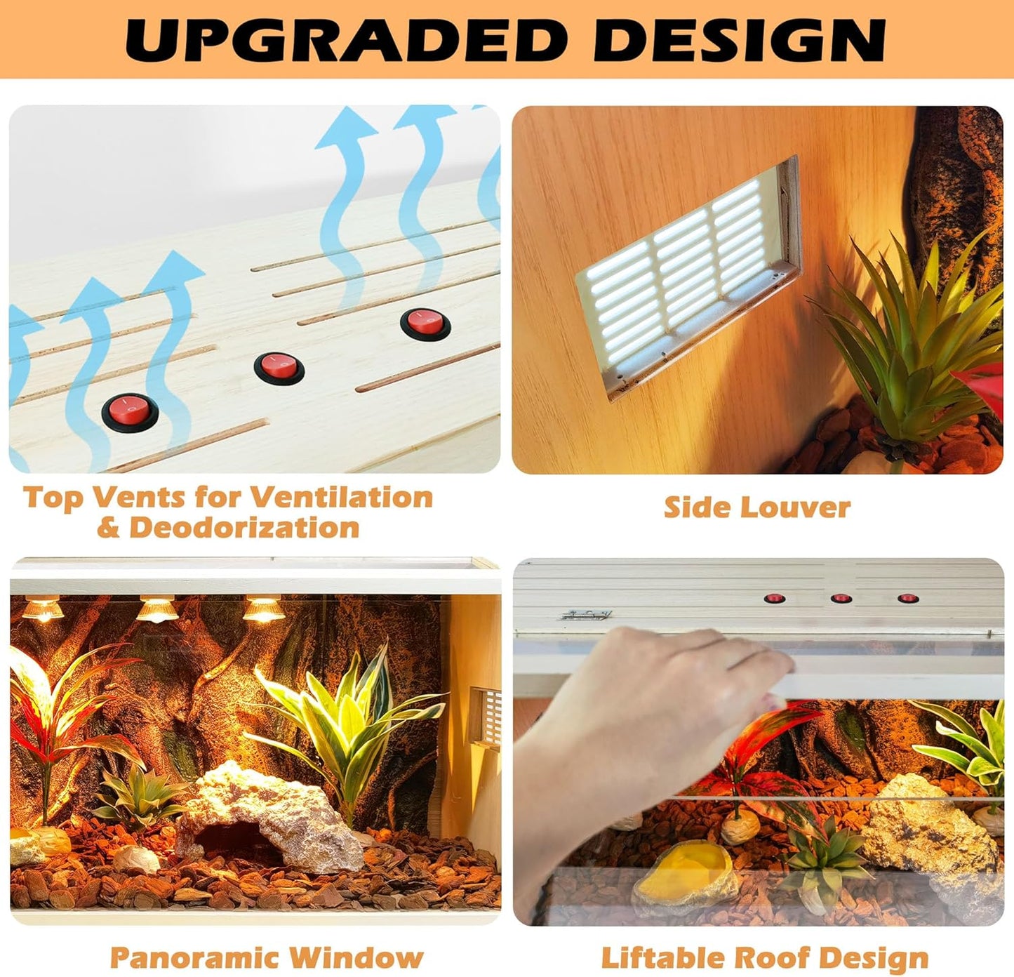 Prolee Bearded Dragon Tank, Reptile Enclosure, Snake Tank, Reptile Terrarium, Built-in Light Fixtures with Switch, (37 Gallon, 40" Long, Thick Wood Roof)