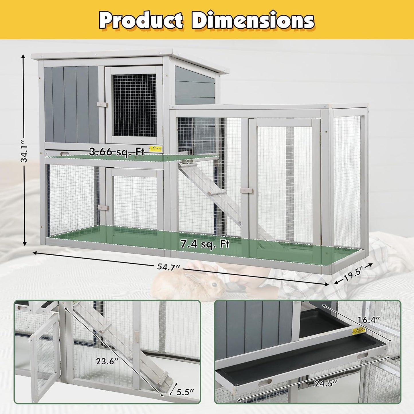 Assembled Wooden Indoor & Outdoor Rabbit Hutch, 2 Story Small Animal House Habitat, Durable Pet Bunny House Cage with Cleaning Tray, for Bunny Chick Duck Hamster (Grey)