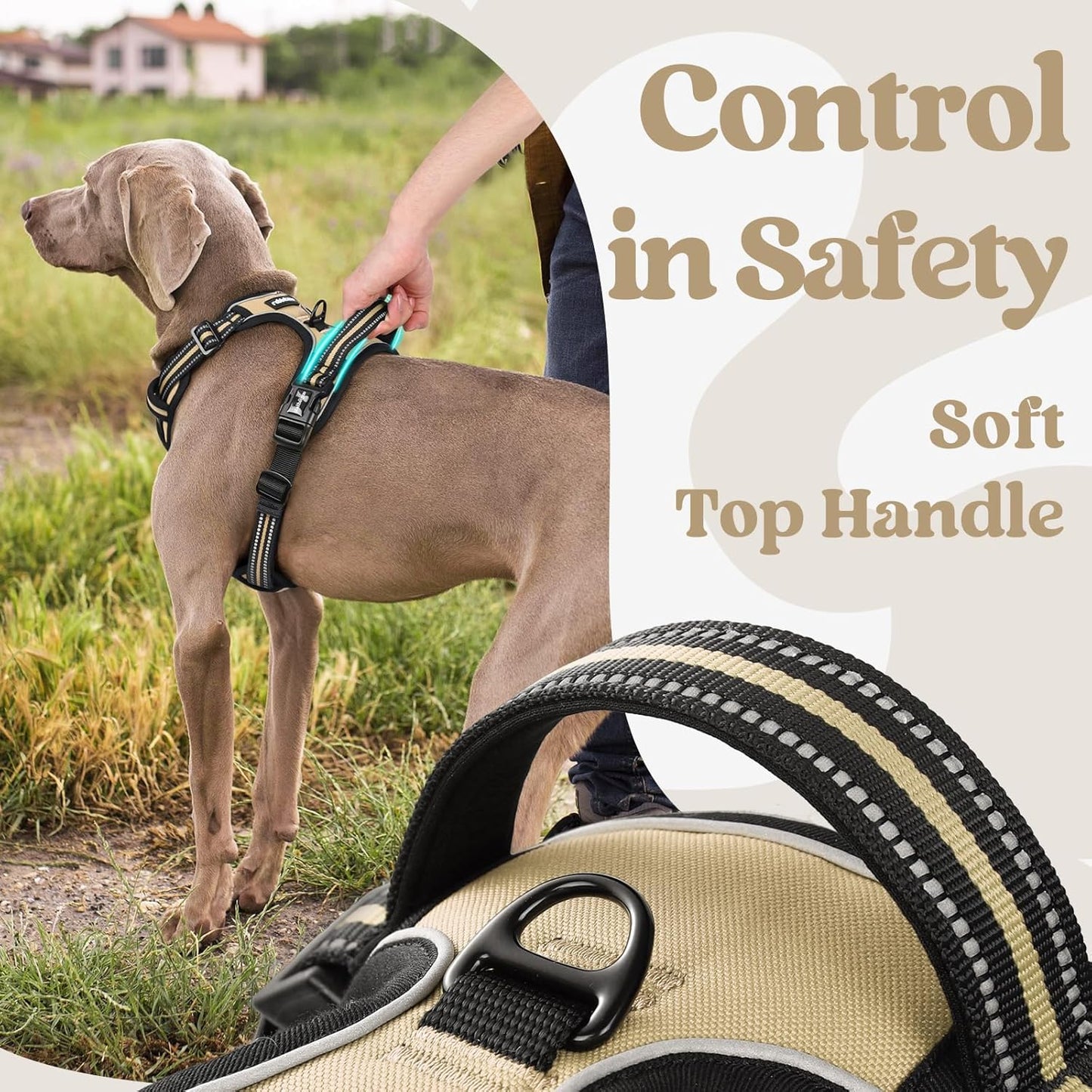 rabbitgoo Dog Harness for Large, No Pull Pet Harness with 3 Buckles, Adjustable Soft Padded Vest with Control Handle, Walking Reflective Pet Vest for Large Dogs, Beige, L