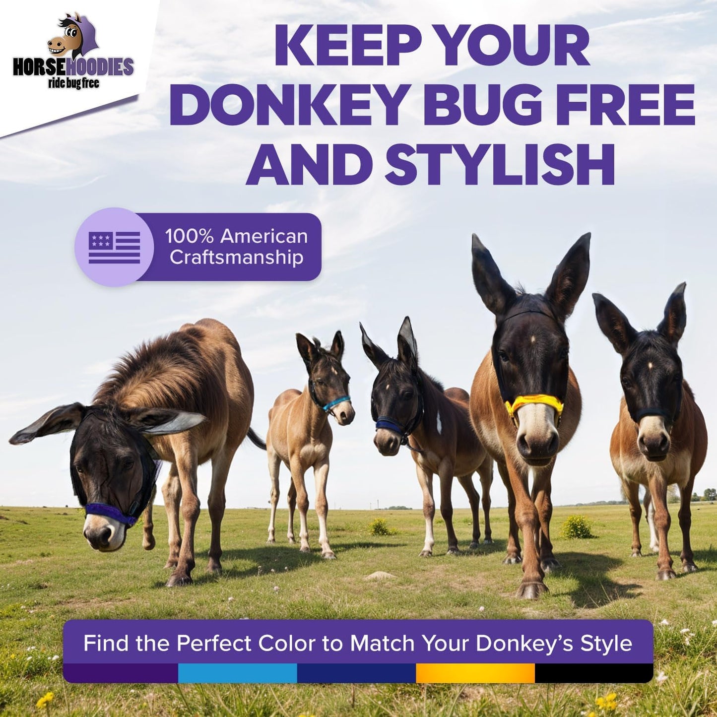 Donkey Fly Mask with Long Ears (Black) Half Hoodie for Standard Donkey, Made in USA - Mule Fly Mask with Ears Protection from Insects and Bugs, Face Cover Soft Mesh Fabric with Adjustable Fastener