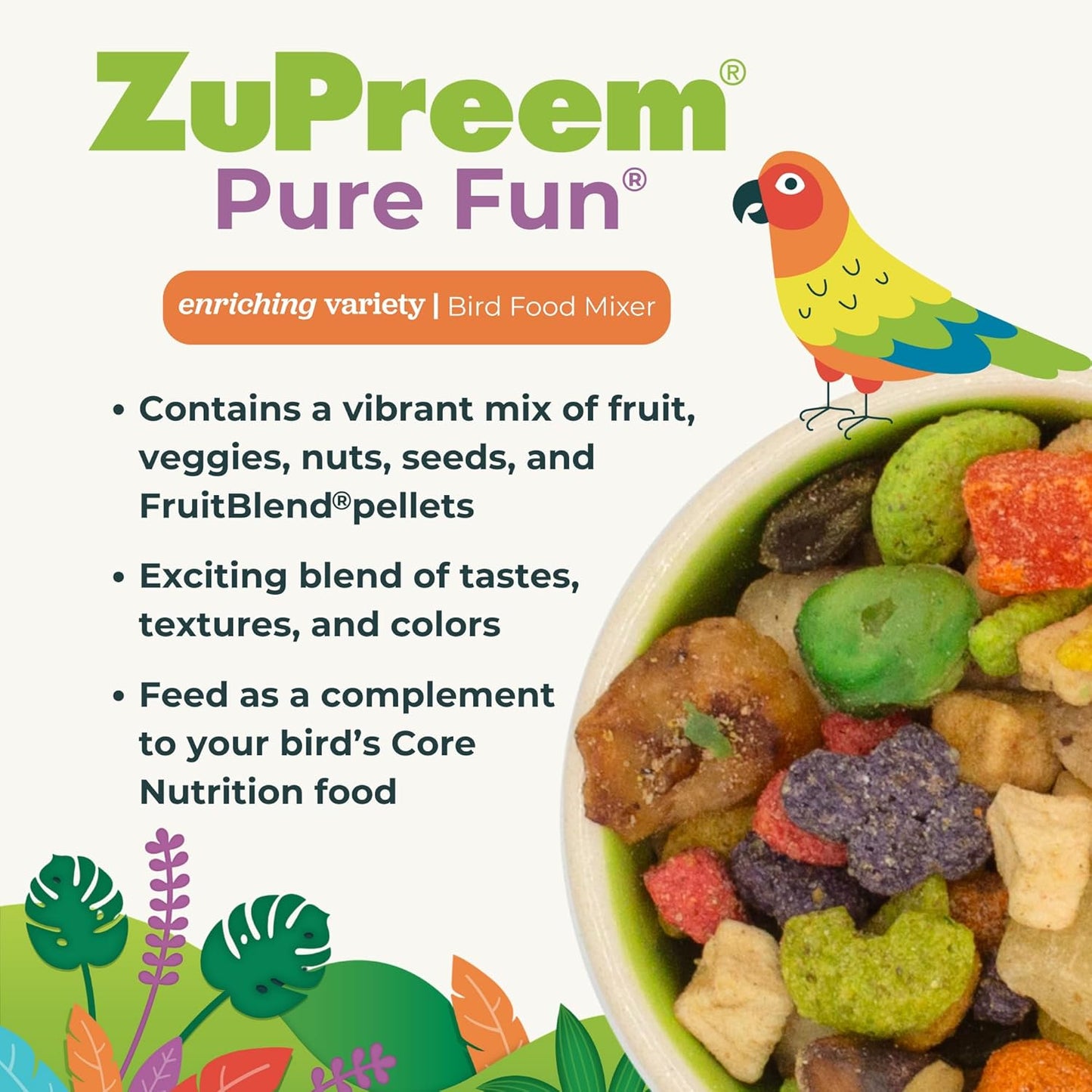 ZuPreem Pure Fun Bird Food, Amazon, Cockatoo, Macaw, Seed and Pellet Blend for Large Birds, Food Mixer Topper, Enriching Variety, Made in USA, Bird Seed for Large Birds (L, 2 lbs)