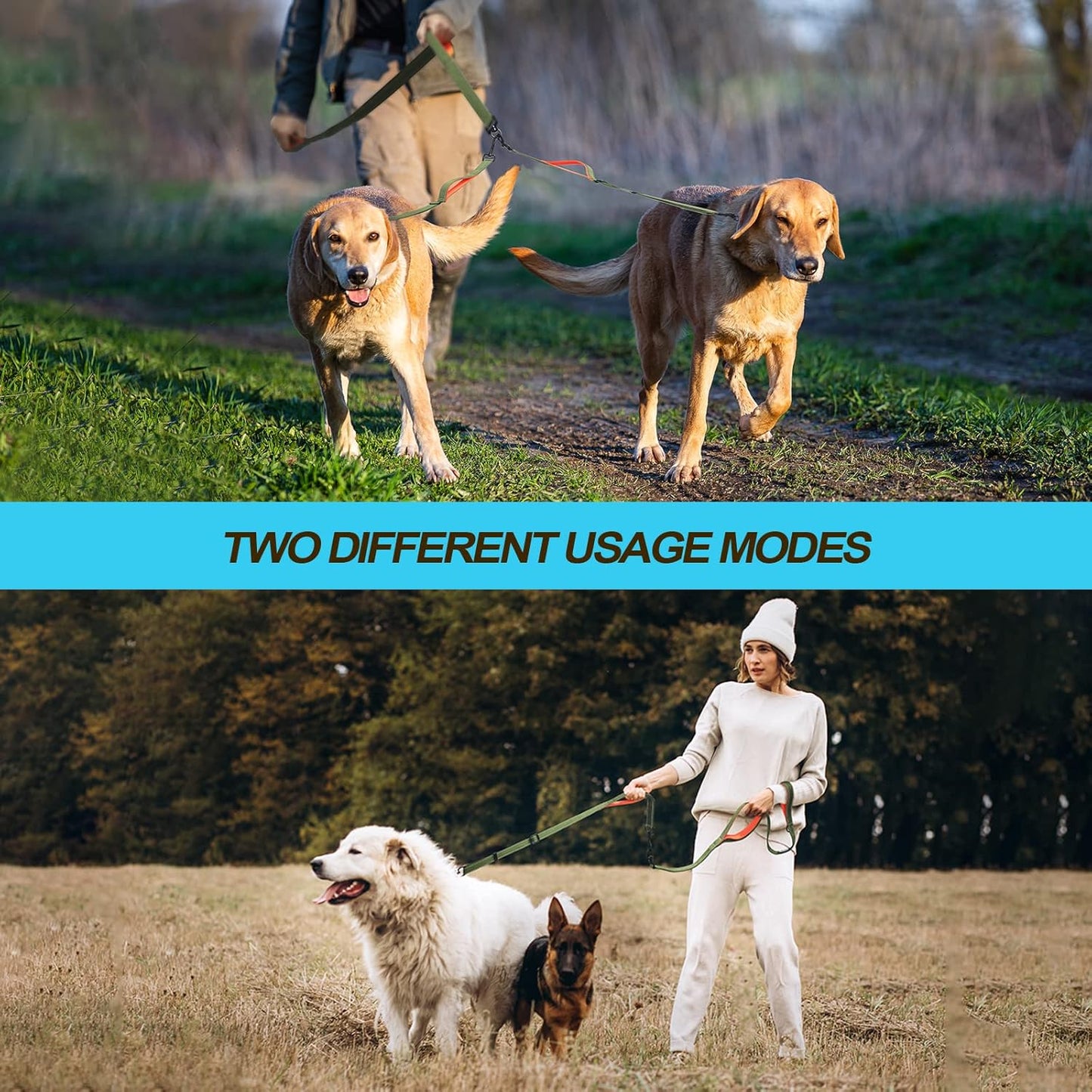 PetBonus Double Dog Leash, No Tangle Dual Leash, Reflective Walking Training Lead, 4 Comfortable Padded Handles for 2 Dogs with Collapsible Bowl and Waste Bags (Khaki Green, Large)