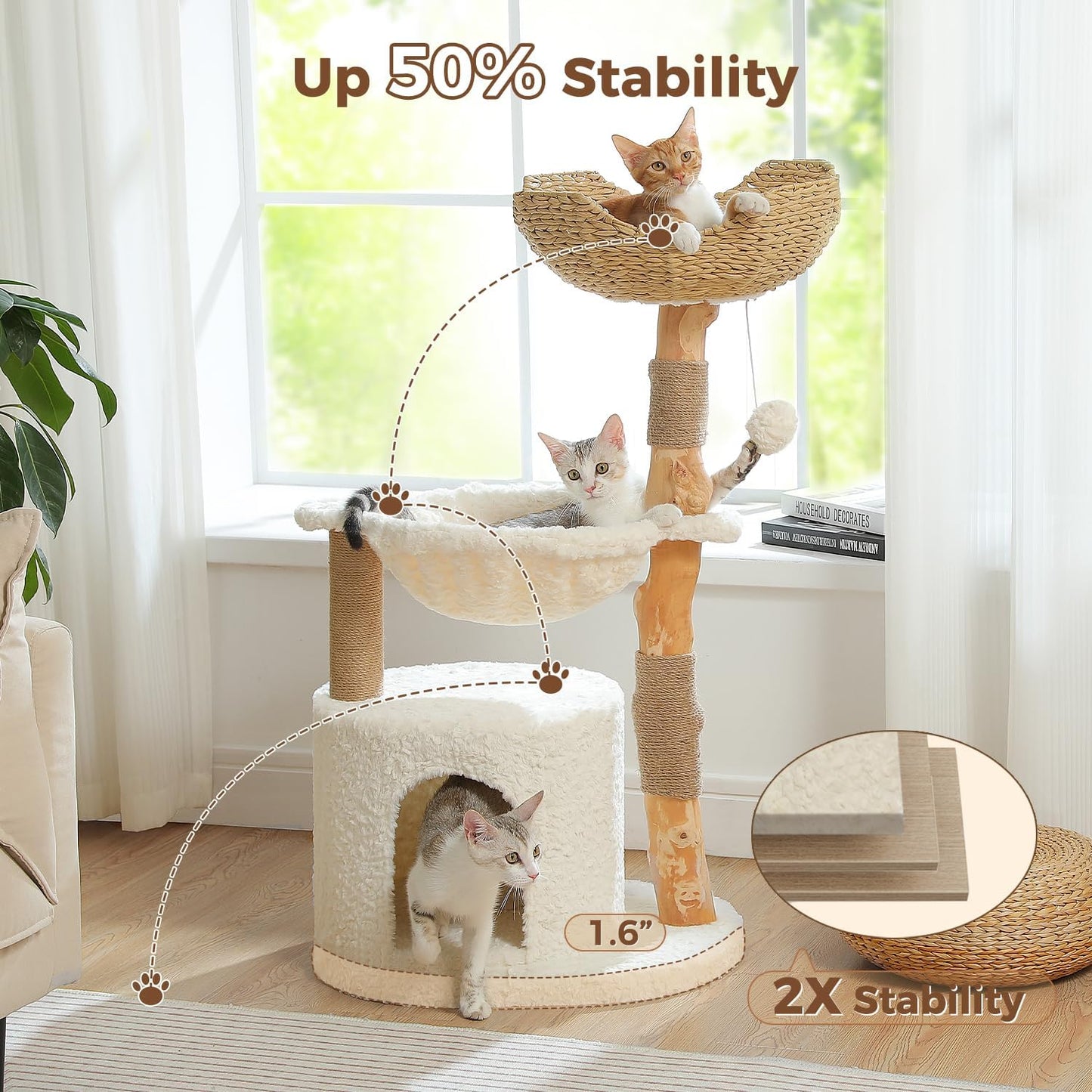PAWZ Road Modern Cat Tree with Natural Solid Wood Scratching Post, 40 Inches Cat Tower with Spacious Wicker Basket,Large Hammock,Luxury Condo for Indoor Cats