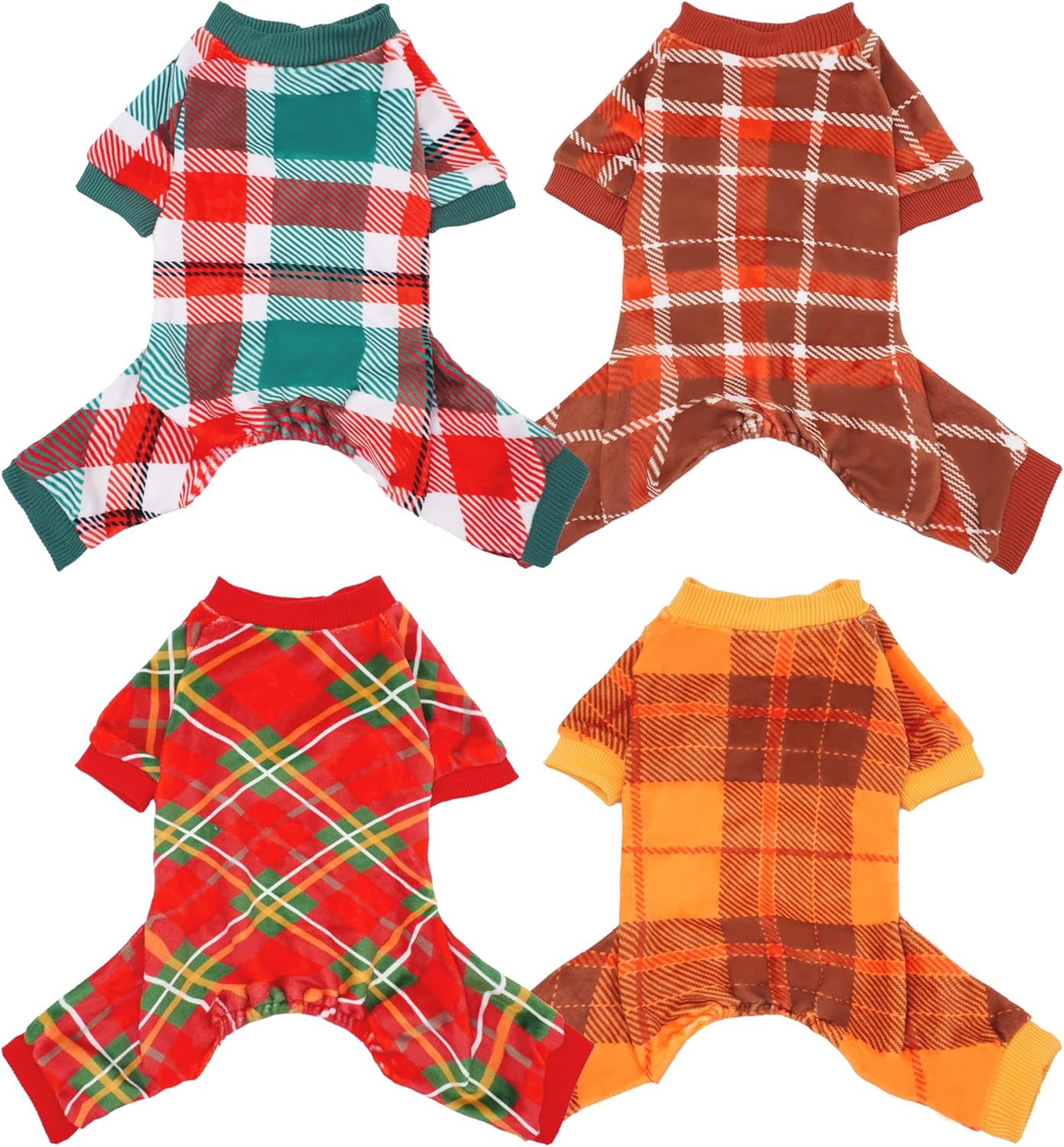 PET SHOW 4 Pack Small Dog Pajamas Holiday Dog Clothes Doggies Soft Stretchy PJs Plaid Jumpsuit Puppy Cats Girl Boy Fall Onesies Christmas Outfits with Sleeve Pets Dachshund Costume(XS, Plaid)