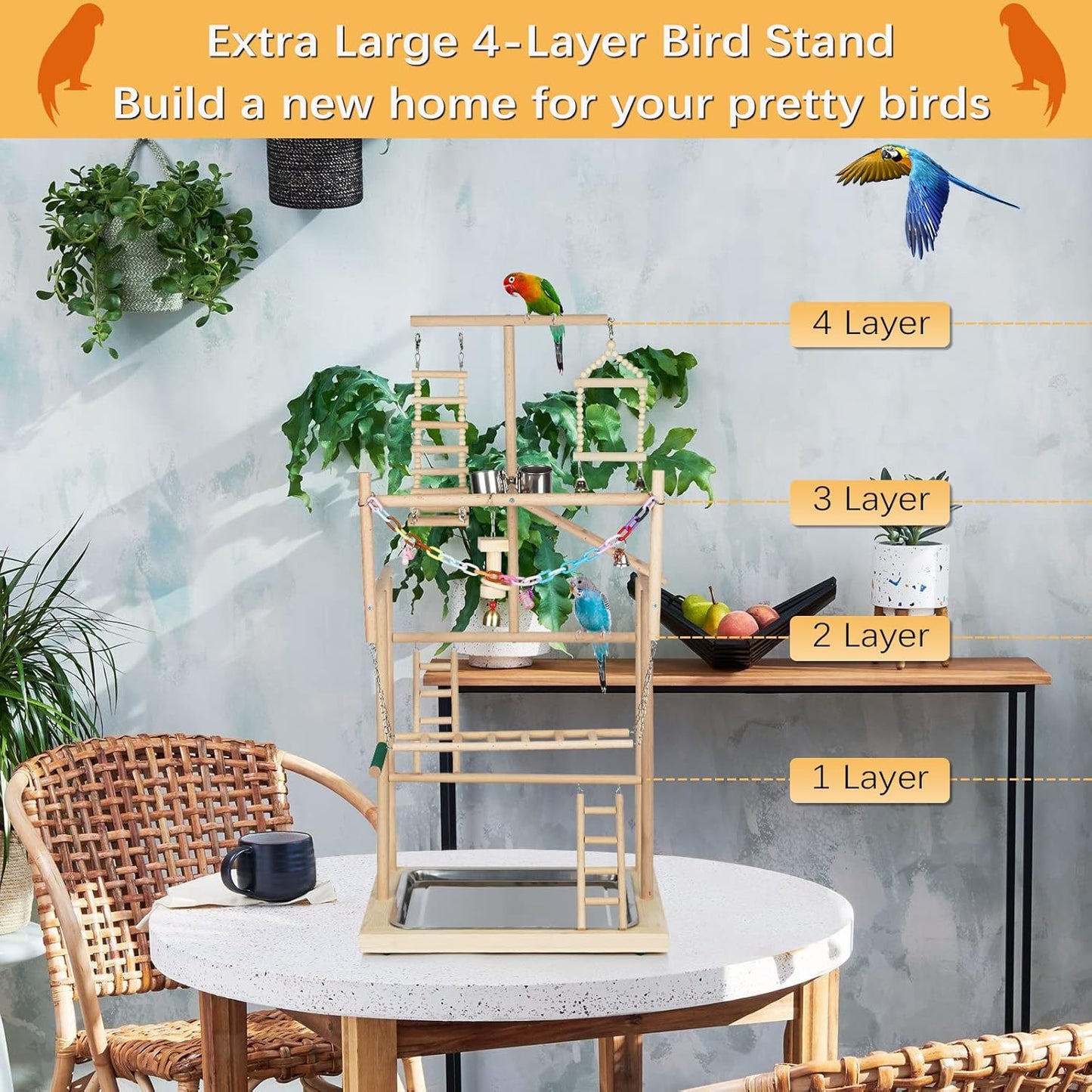 Pet Parrot Playstand Parrots Bird Playground Bird Play Stand Wood Perch Gym Playpen Ladder with Feeder Cups Bells for Cockatiel Parakeet (4 Layers)