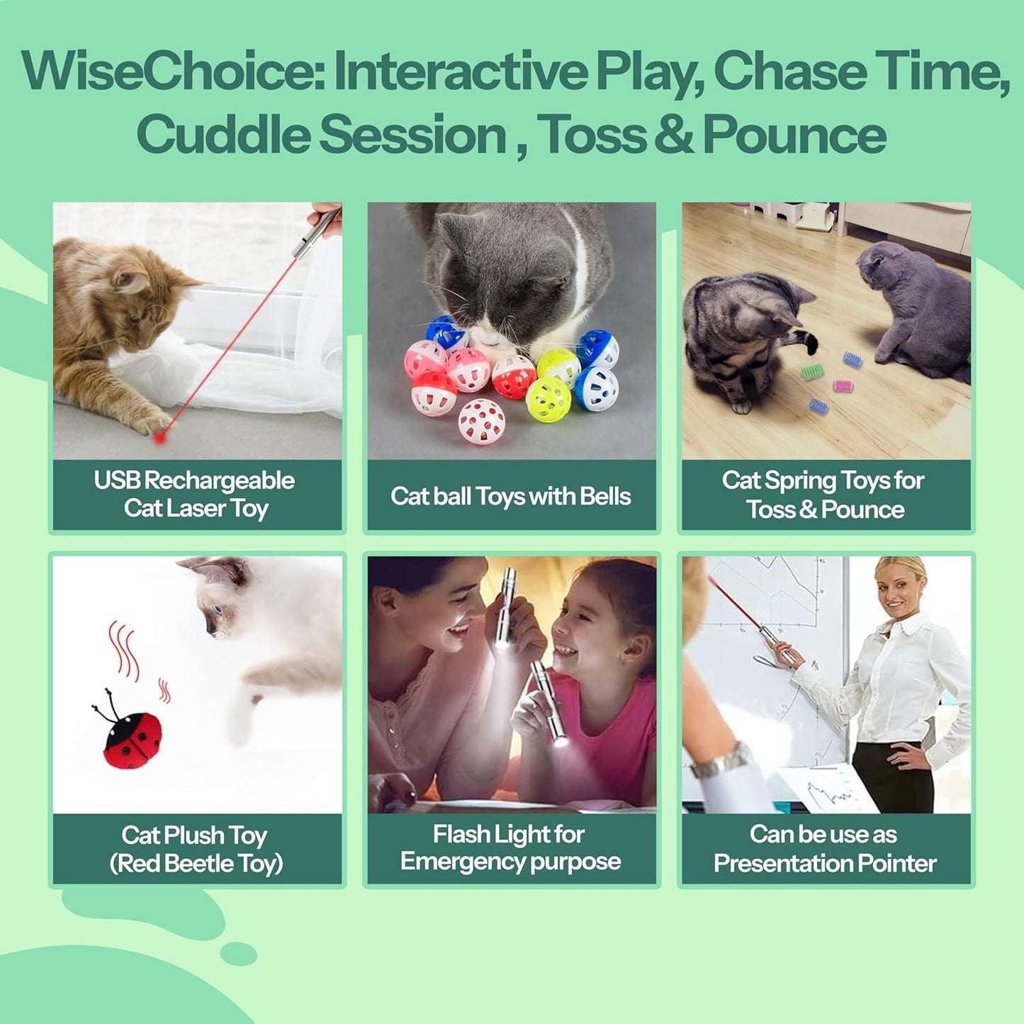WiseChoice 15-in-1 Cat Toys, Rechargeable Dot Chase Light, Cat Spring Toy, Ball Toys with Bell and Plush Toy, Perfect for Solo or Interactive Gifts for Cats Kitten