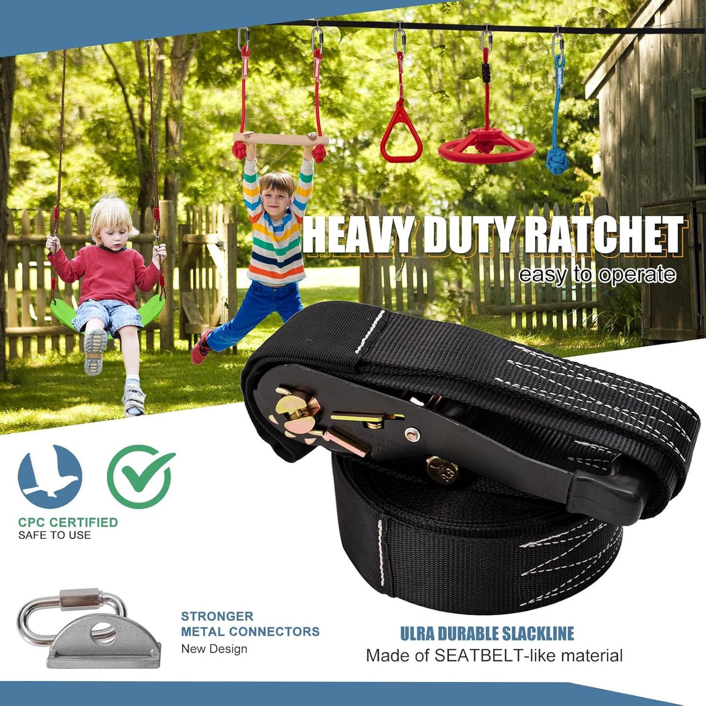 Slsy 60FT Ninja Warrior Obstacle Course (10 Obstacles), Ninja Slackline Kit for Kids, Durable Playset Equipment with 10 Complete Set-Monkey Bar,Swing, Climbing Ladder & Net