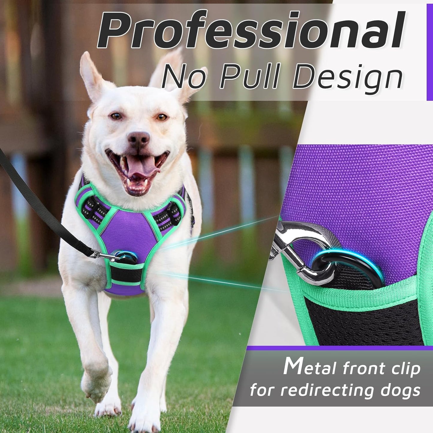 Eagloo Dog Harness for Large Dogs, No Pull Service Vest with Reflective Strips and Control Handle, Adjustable and Comfortable for Walking, No Choke Harness with 2 Metal Rings, Purple & Green, M